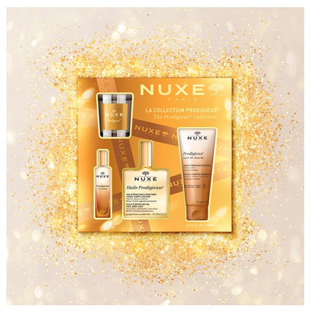 NUXE Huile Prodigieuse Zestaw – Suchy Olejek, 100ml + Perfumy, 15ml + Olejek Pod Prysznic, 100ml + Świeca Zapachowa, 70g 