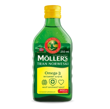 Möller’s Tran Norweski –Płynny Suplement Diety z Omega-3 i Witaminami A, D, E, 250 ml | KRÓTKA DATA: 31/10/25