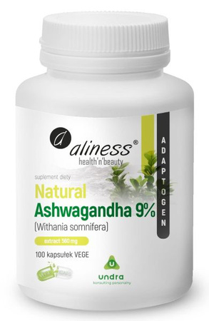 Aliness Natural Ashwagandha 9% – silny ekstrakt z korzenia 560 mg, 100 kapsułek VEGE