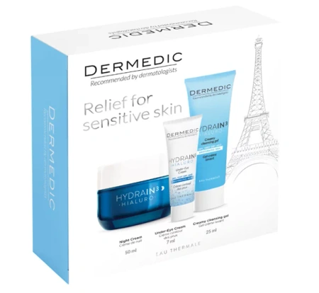 Dermedic Hydrain3 Hialuro – Zestaw na Noc Krem do Twarzy, 50ml + Krem pod Oczy, 7 ml + Kremowy Żel do Mycia, 25ml | KRÓTKA DATA: 03/2026r.