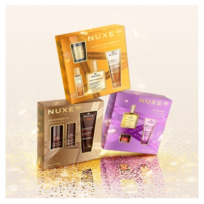 NUXE Huile Prodigieuse Zestaw – Suchy Olejek, 100ml + Perfumy, 15ml + Olejek Pod Prysznic, 100ml + Świeca Zapachowa, 70g 