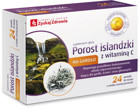 Zyskaj Zdrowie Porost islandzki z Witaminą C – Pastylki na Gardło, Wsparcie Odporności, 24 sztuki