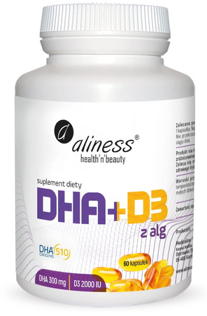 Aliness Omega DHA 300 mg z alg + D3 2000 IU, 60 kapsułek