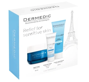 Dermedic Hydrain3 Hialuro – Zestaw na Noc Krem do Twarzy, 50ml + Krem pod Oczy, 7 ml + Kremowy Żel do Mycia, 25ml | KRÓTKA DATA: 03/2026r.