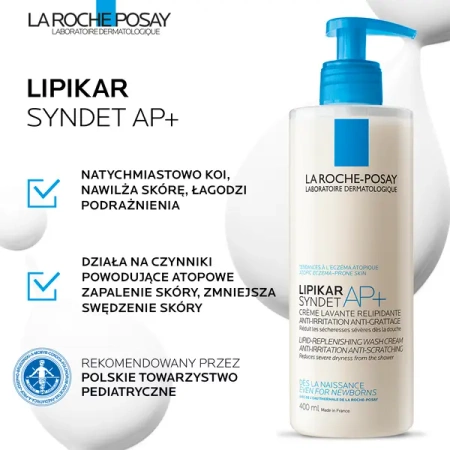 La Roche-Posay Lipikar Syndet AP+ – Delikatny krem myjący dla skóry atopowej, 400ml | KRÓTKA DATA: 03/2026r.
