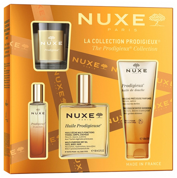 NUXE Huile Prodigieuse Zestaw – Suchy Olejek, 100ml + Perfumy, 15ml + Olejek Pod Prysznic, 100ml + Świeca Zapachowa, 70g
