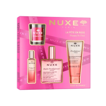 NUXE Prodigieuse Florale Zestaw Prezentowy – Suchy Olejek, 50ml + Żel pod Prysznic, 100ml + Perfumy, 15ml + Świeca Zapachowa, 70g