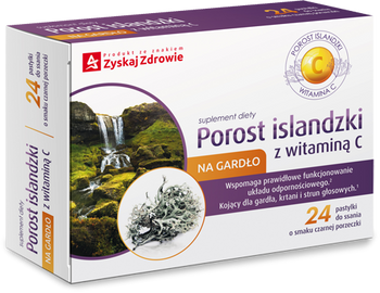 Zyskaj Zdrowie Porost islandzki z Witaminą C – Pastylki na Gardło, Wsparcie Odporności, 24 sztuki 